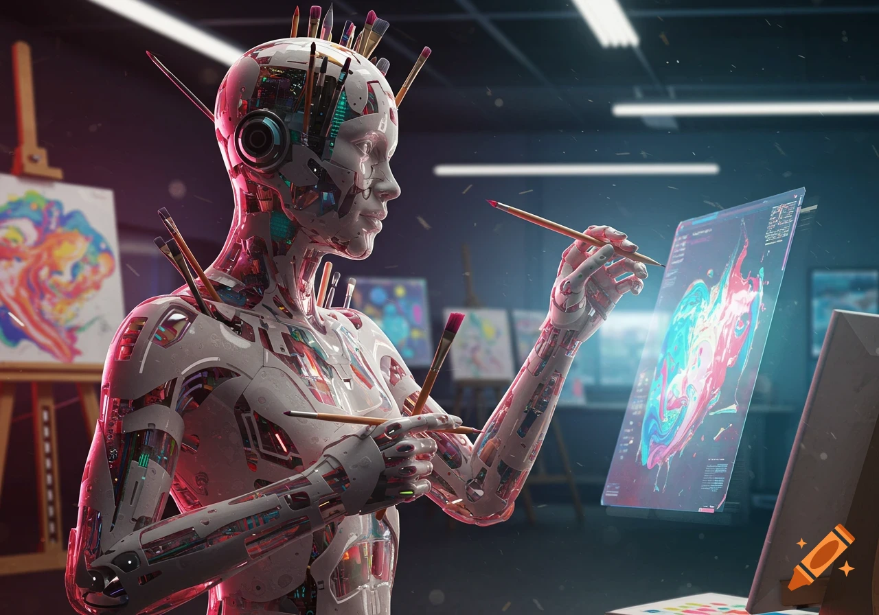 Photorealistic cyborg artist with paintbrushes embedded in its head and body, painting on a glowing translucent screen.