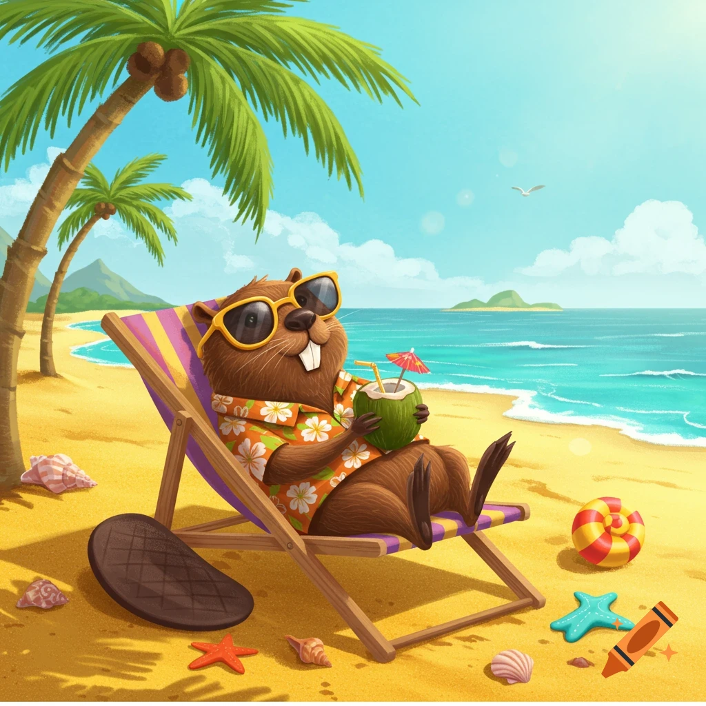 A cartoon beaver in sunglasses and a Hawaiian shirt relaxes on a beach chair, holding a coconut drink under a palm tree on a sunny beach.