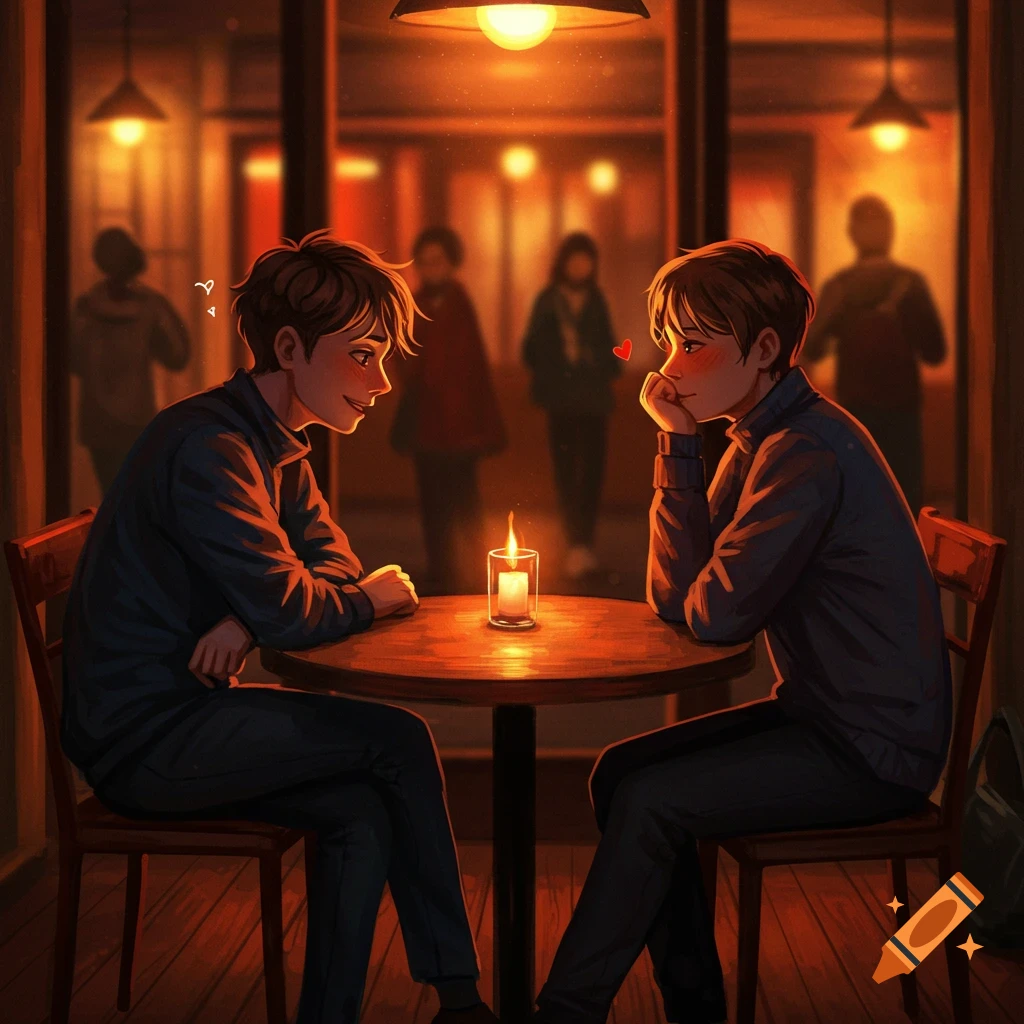 Anime illustration of two young men on a candlelit date in a cafe, smiling at each other.