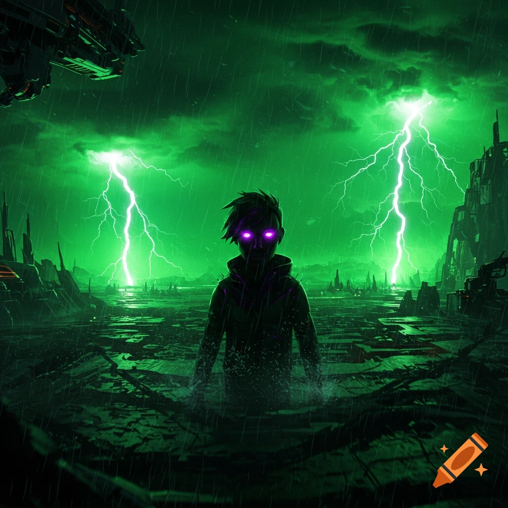 A figure with glowing purple eyes stands in a neon green, stormy futuristic landscape with lightning strikes.