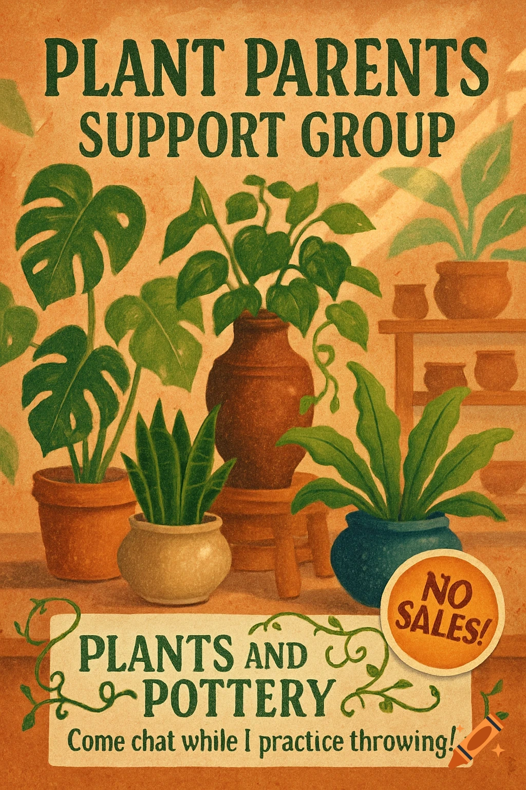 An illustrated flyer for a 'Plant Parents Support Group' with potted plants, pottery, and text. A sticker reads 'No sales!'.