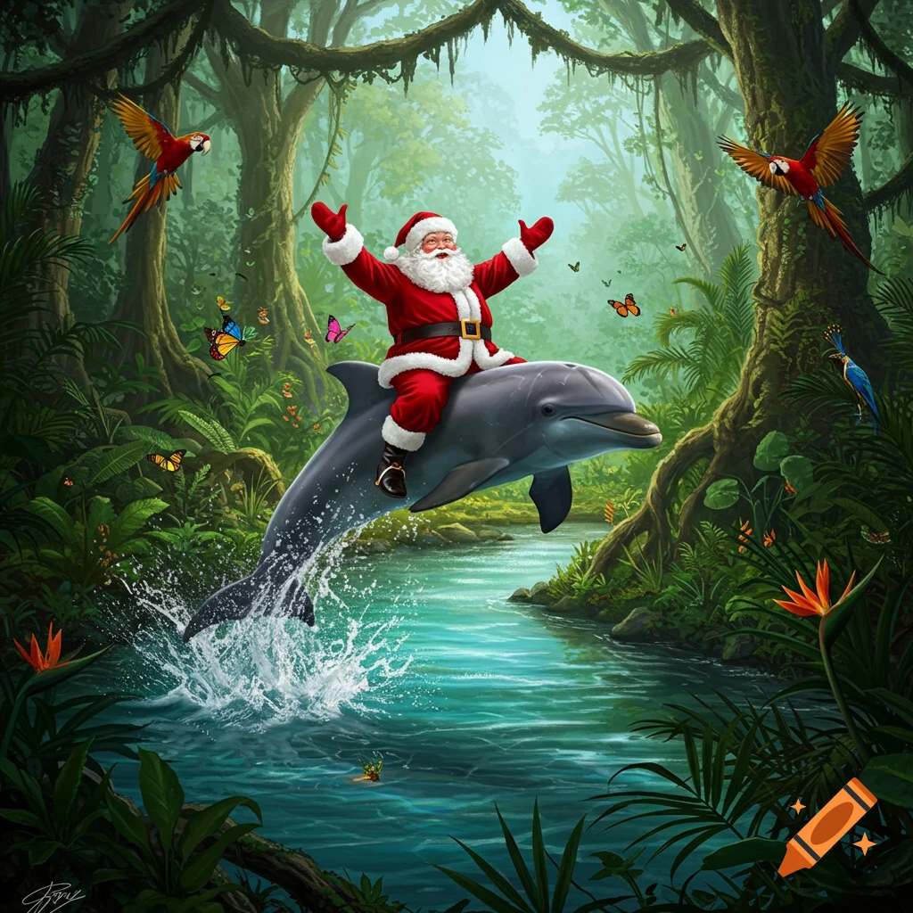 Santa Claus, riding a dolphin, leaps out of a jungle river, surrounded by colorful birds and butterflies under a lush green canopy.