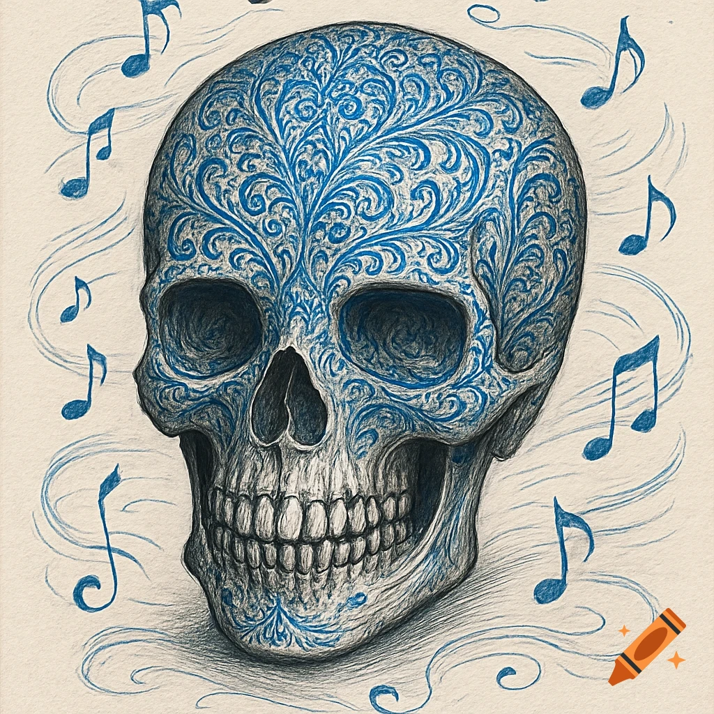 Ink drawing of a skull with intricate blue patterns and musical notes floating around it.
