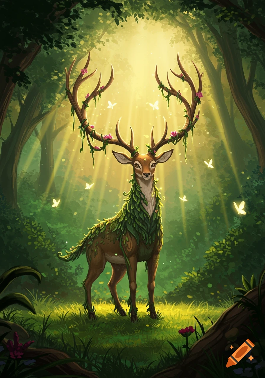 A magical deer with leafy antlers and body stands in a sunlit fantasy forest surrounded by glowing butterflies.