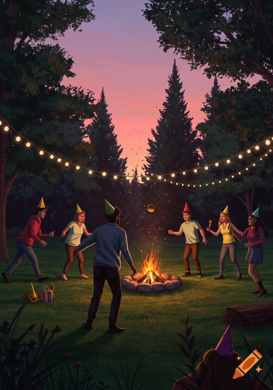 Illustrated scene of friends celebrating a birthday, playing wiffle ball around a campfire in the woods at sunset with string lights.