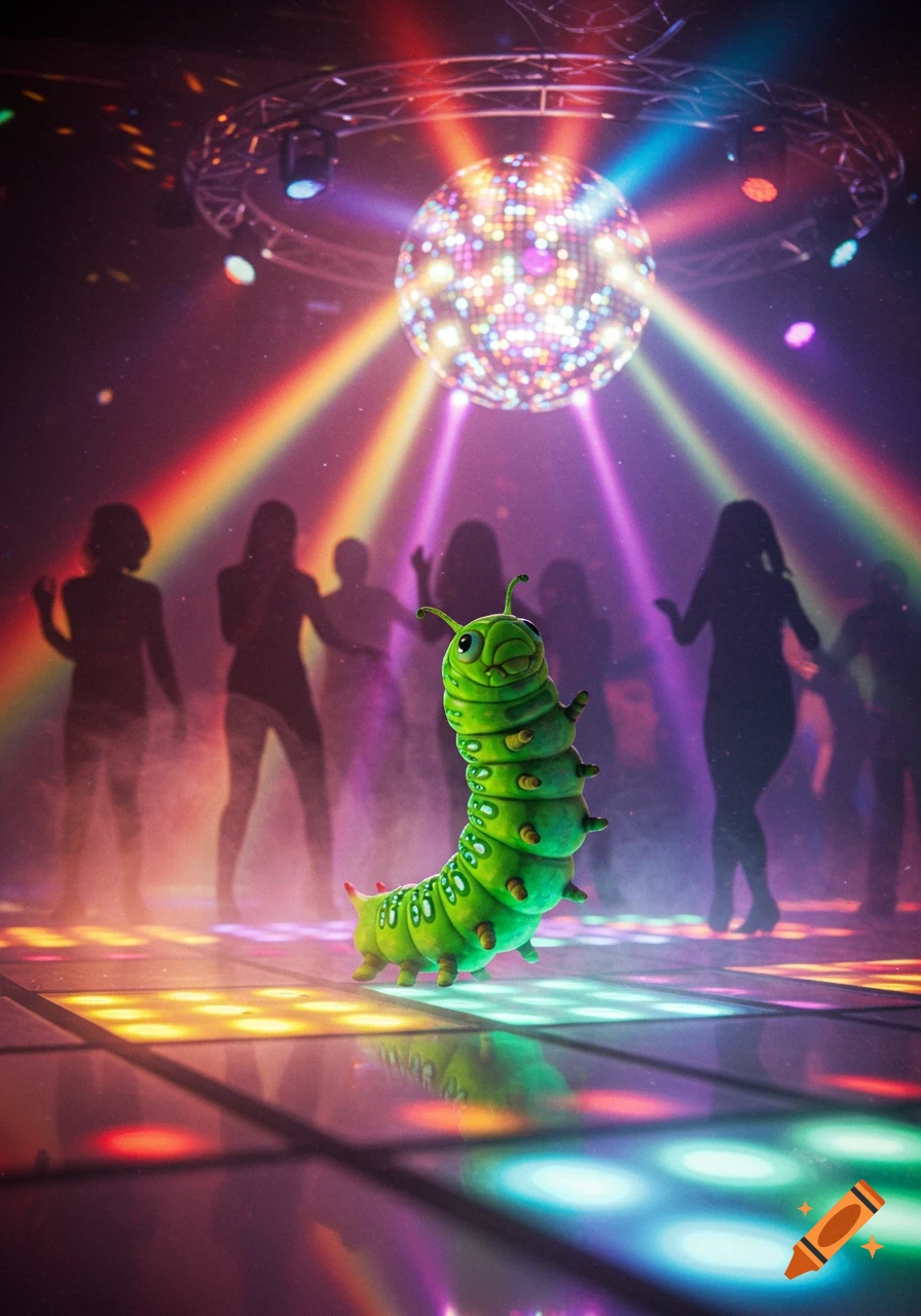 A cartoon green caterpillar dances on a vibrant disco floor under a disco ball, with blurred figures in the background.