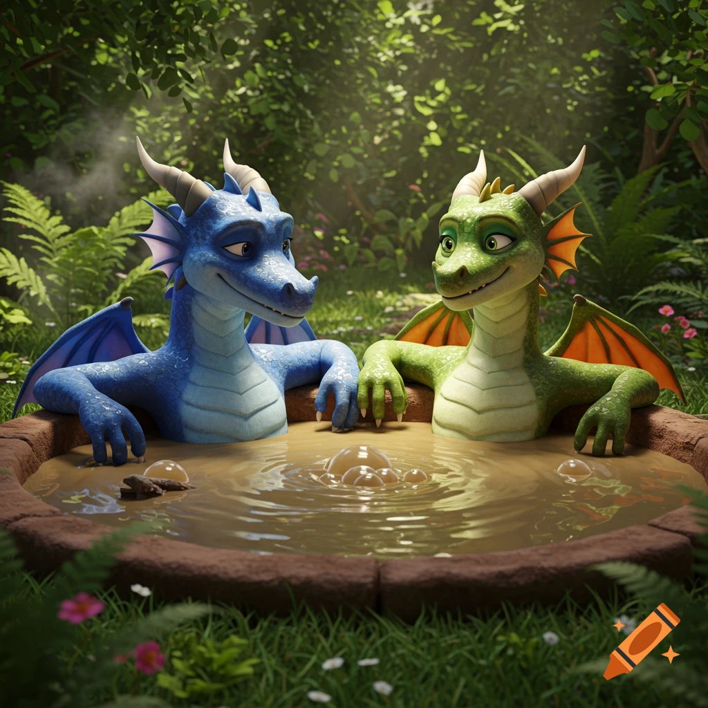 A blue dragon and a green dragon happily relax in a mud hot tub in a lush forest, rendered in 3D animation style.