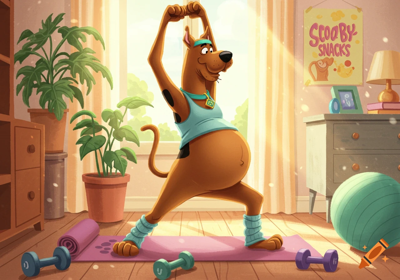 Pregnant Scooby Doo cartoon character doing yoga in warrior pose in a sunny room with dumbbells and plants.