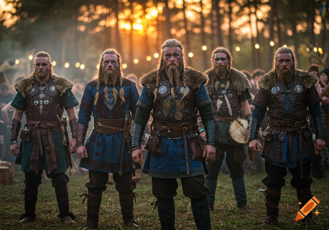 Five photorealistic Viking warriors with braided beards and detailed armor stand outdoors at sunset with glowing lights in the background.