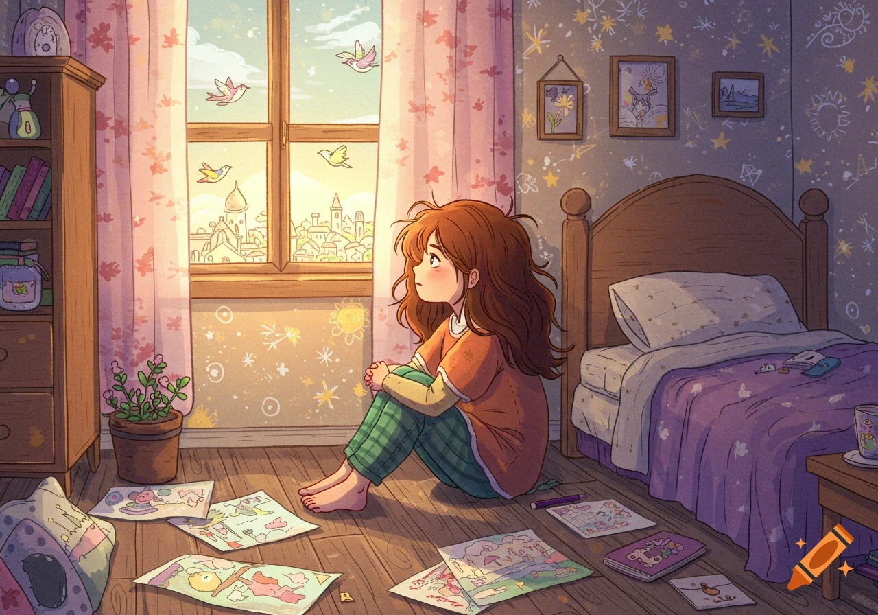 A young girl with long brown hair sits on her bedroom floor, gazing out a window at a cityscape and flying birds in an anime style.