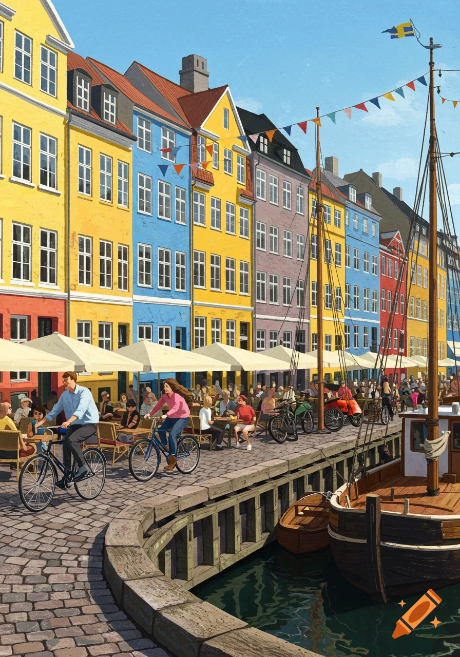 Vibrant illustration of a colorful canal district with people biking and dining outdoors, and boats docked.