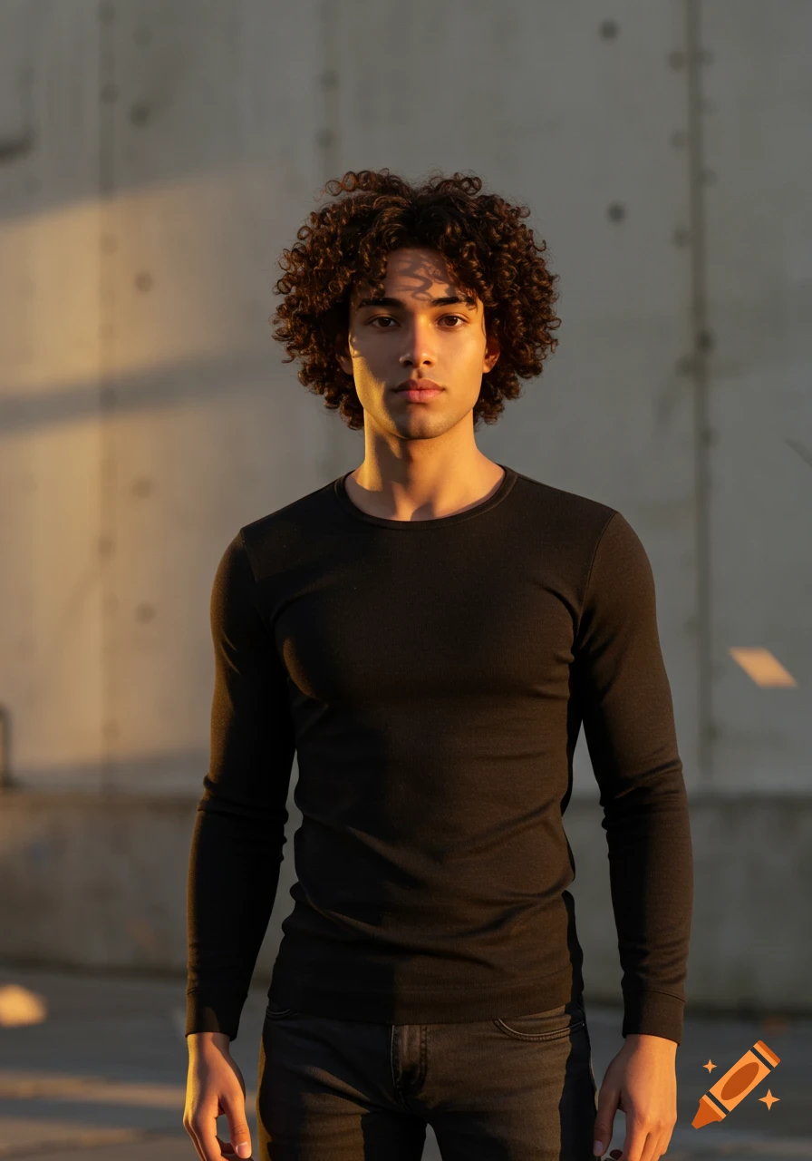 A young man with curly brown hair stands outdoors in a black long-sleeve shirt and jeans, illuminated by golden hour sunlight.