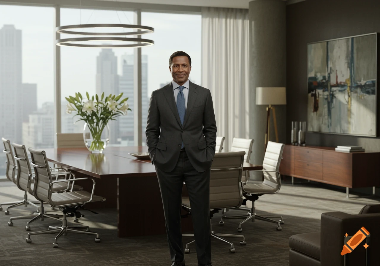 A smiling man in a suit stands in a modern corporate office conference room with a city view.