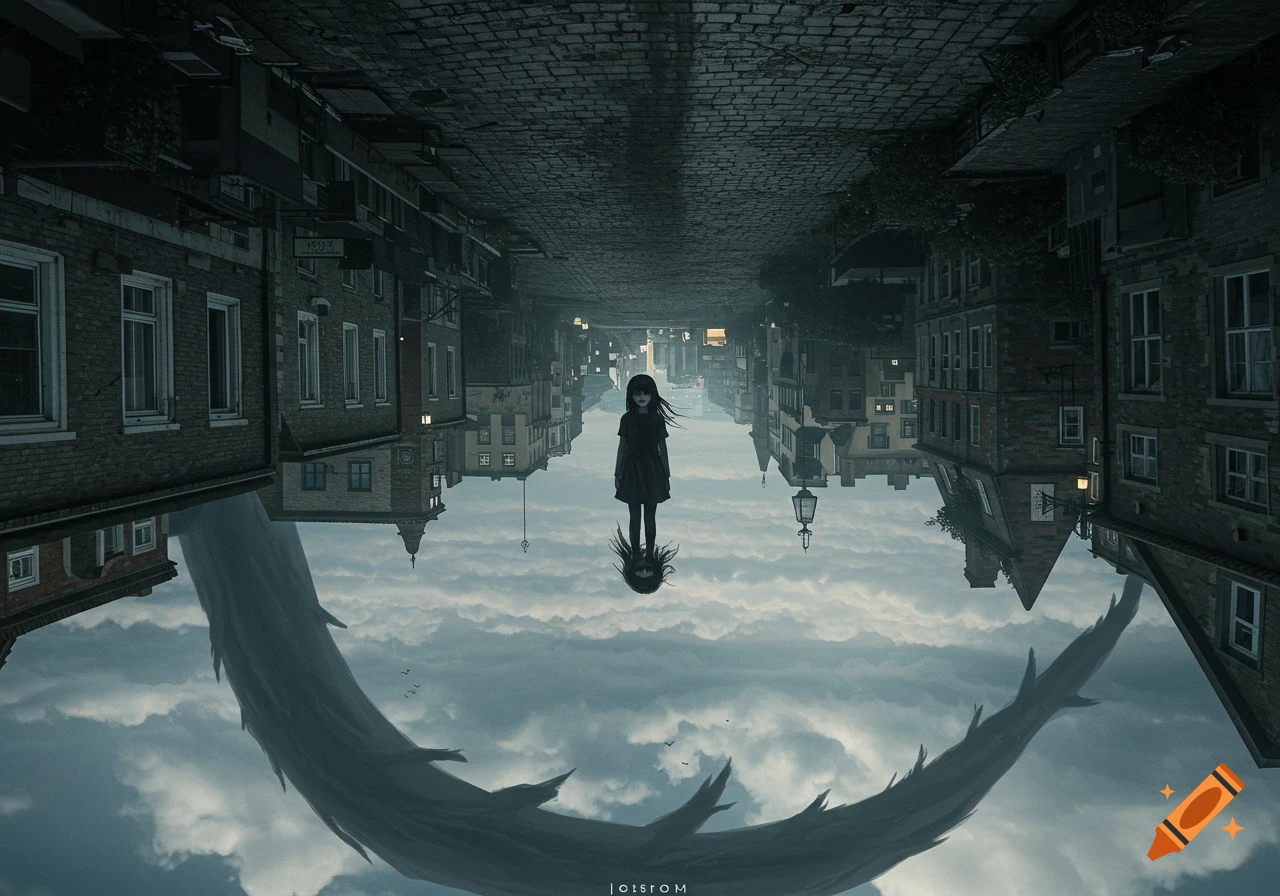 An inverted dark city street, reflected in a cloudy sky, with a girl standing in the middle and a large, dark, organic shape curving through the reflection. The scene is eerie and atmospheric.