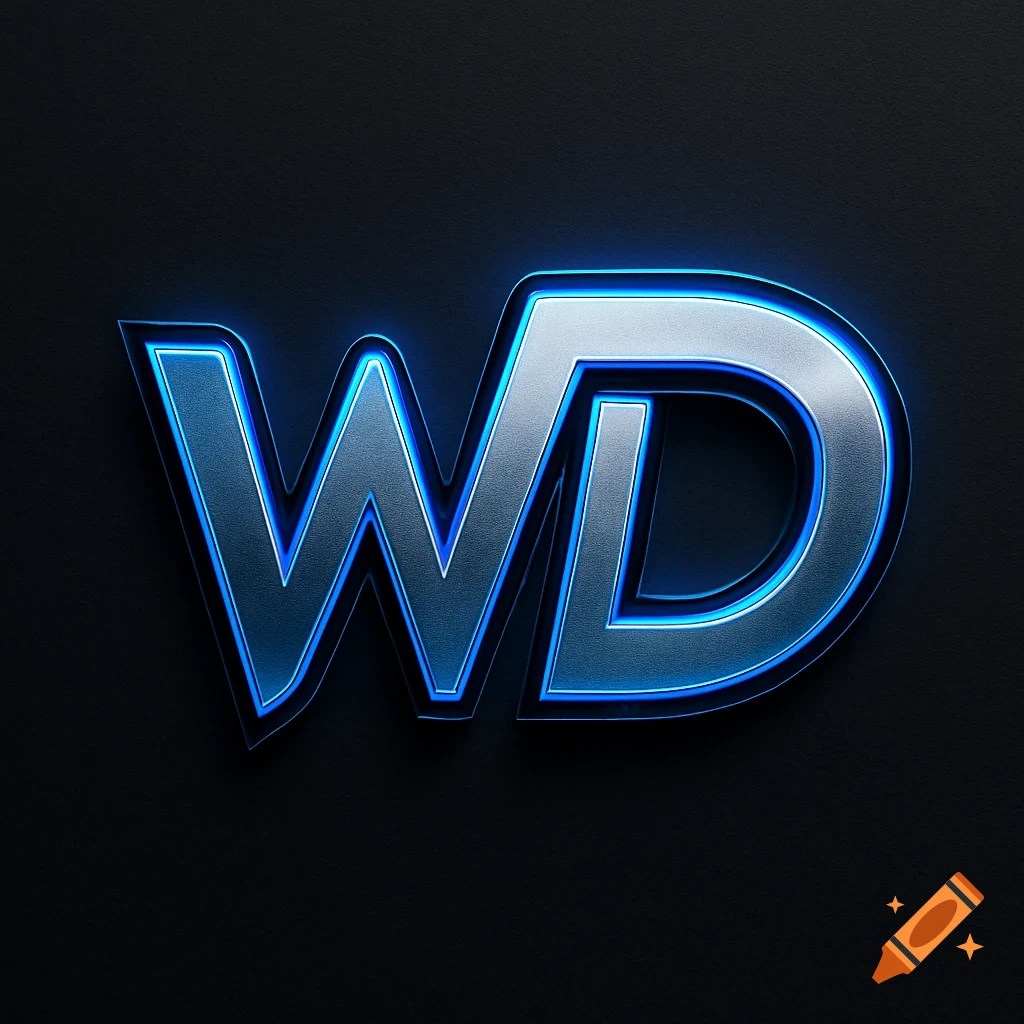 A 3D metallic logo with a blue neon glow spelling 'WD' on a dark, textured background.