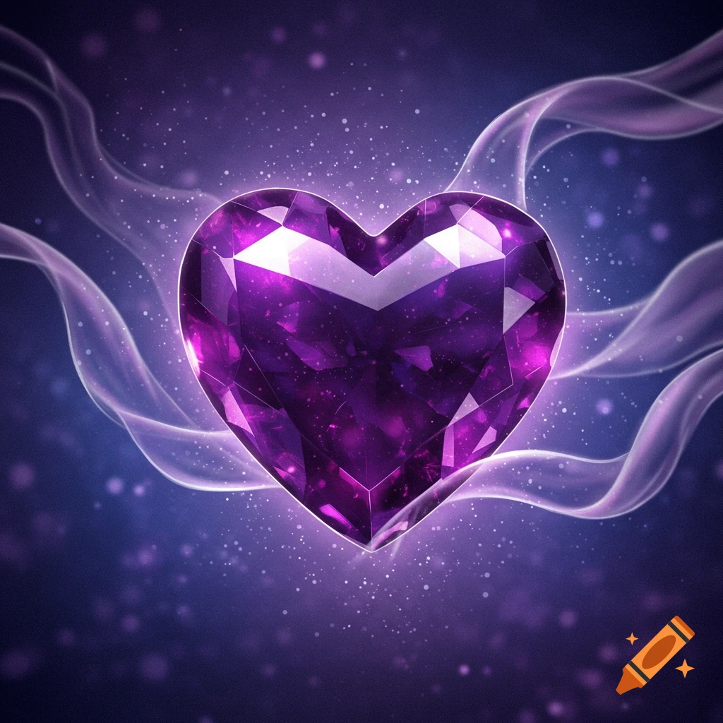 A faceted purple gemstone heart glows, surrounded by flowing ethereal wisps and sparkling particles on a dark, mystical background.