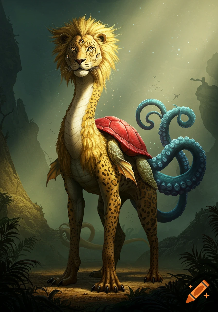 A mythical creature with a lion's head and multiple eyes, a long spotted neck, a red turtle shell on its back, an octopus tentacle tail, and jaguar-like legs, standing in a fantastical jungle.