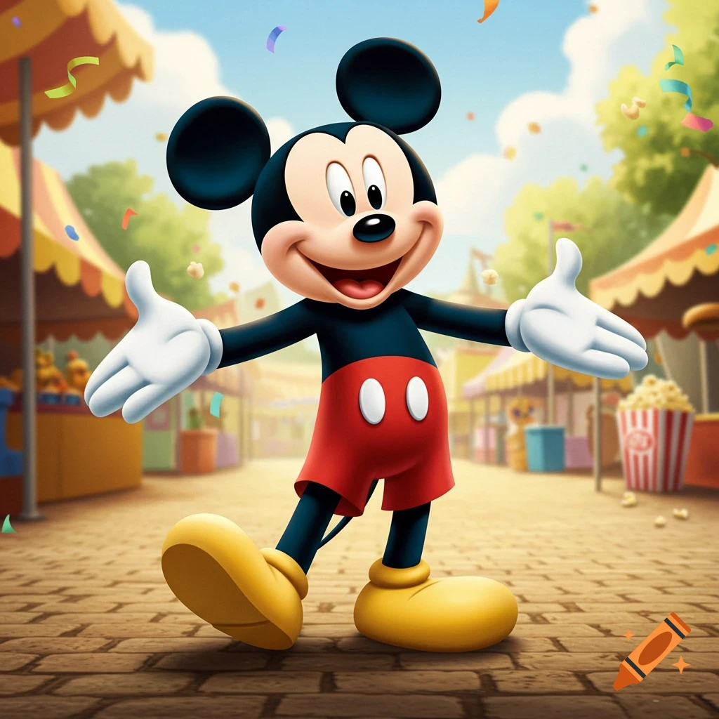 Mickey Mouse stands smiling with outstretched arms in a vibrant, sunny cartoon carnival scene with confetti falling.