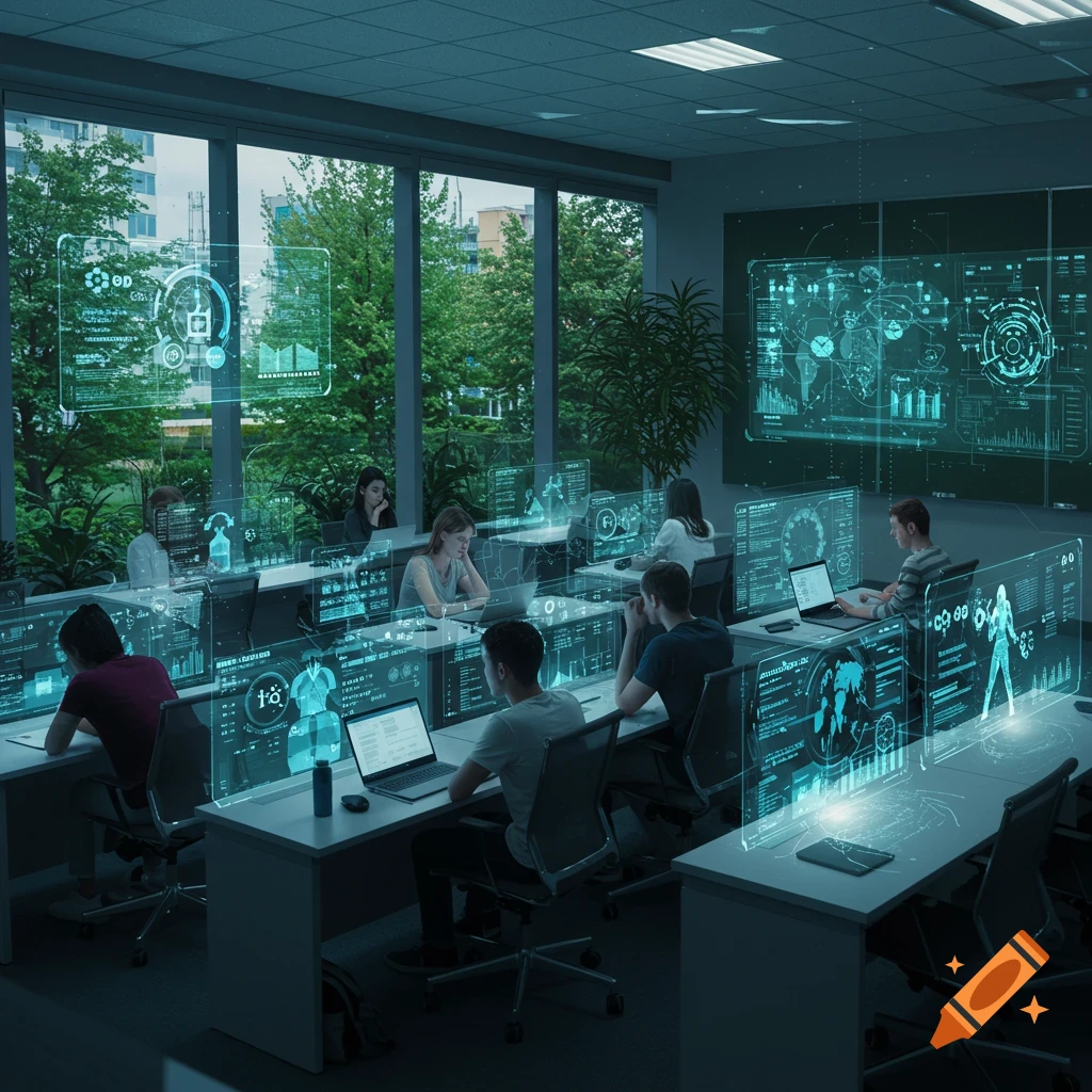 An office or classroom with people working at desks, surrounded by glowing blue holographic displays showing data and charts.