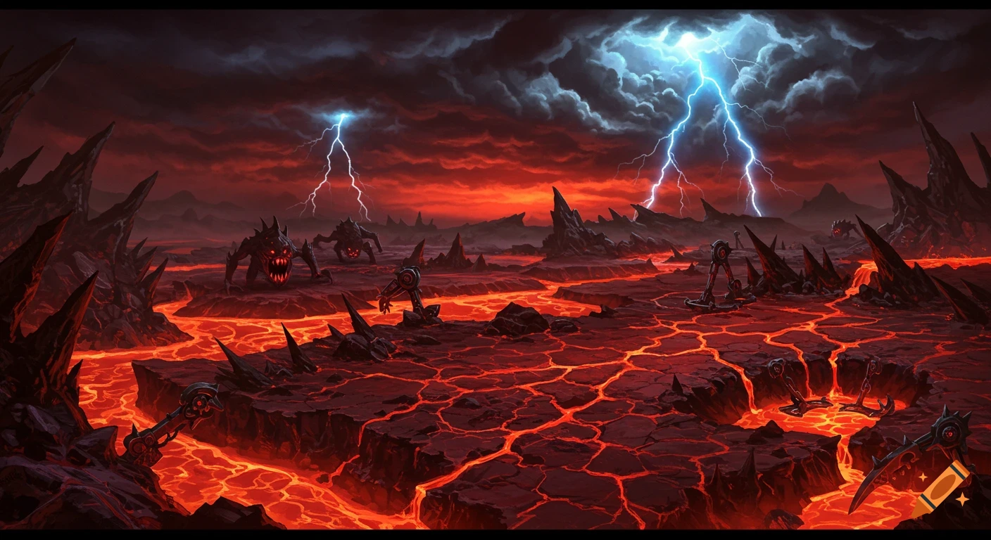 A dark, hostile death planet with jagged black rocks, glowing lava cracks, monstrous alien creatures with red eyes, and stormy skies with lightning.