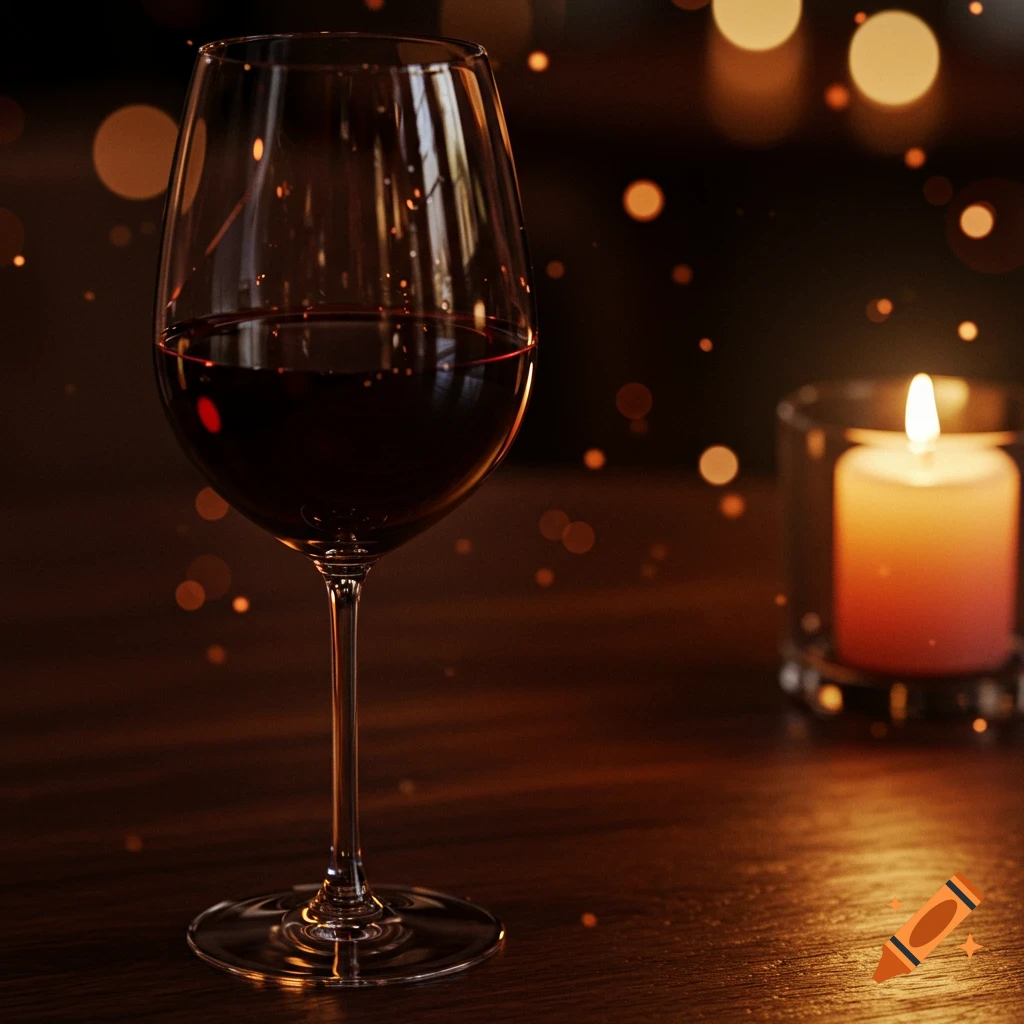 Photorealistic glass of red wine on a dark wooden table with a lit candle and warm bokeh lights in the background.