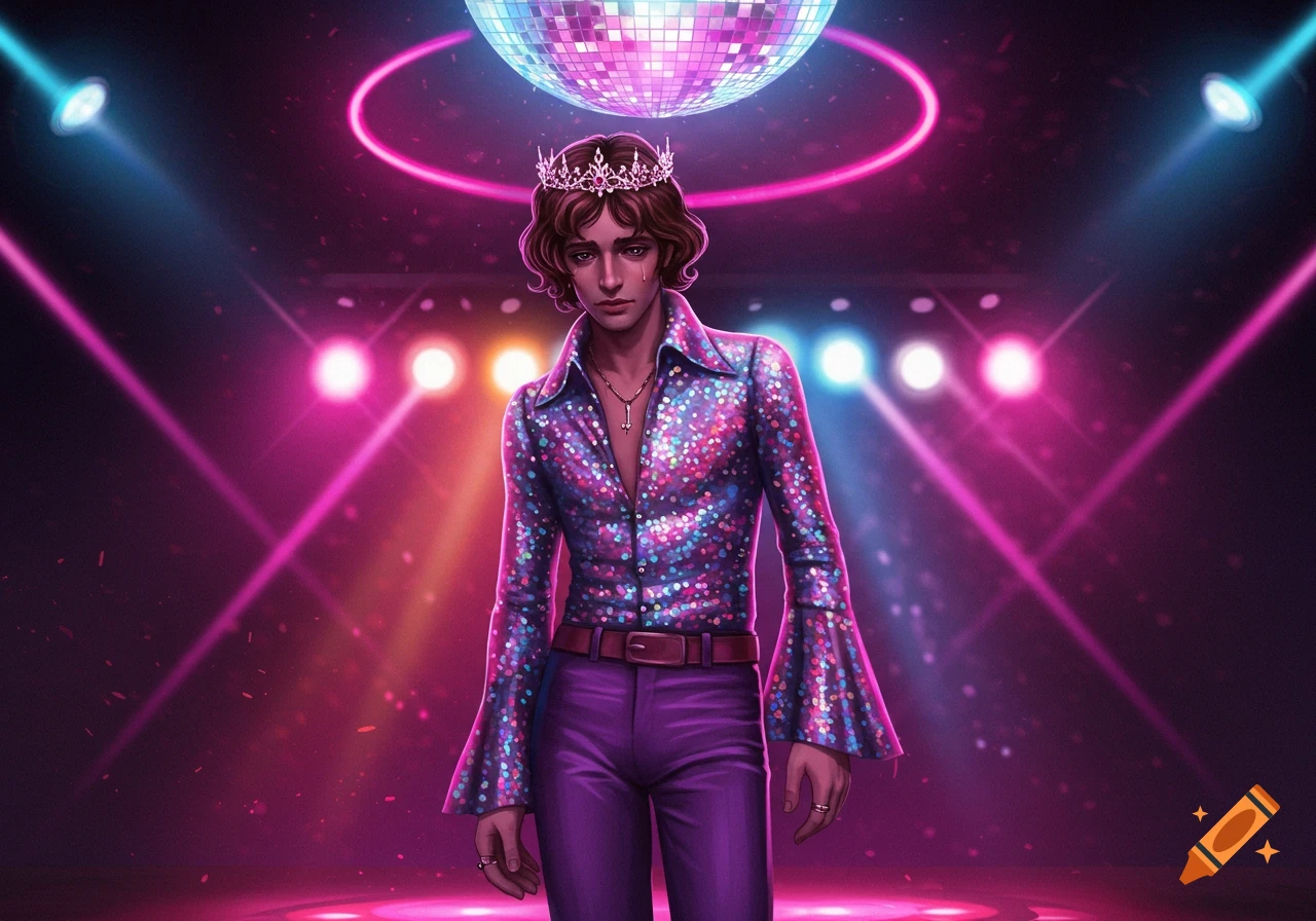 A sad man with a crown wearing a sequined disco shirt and purple pants stands under a disco ball and spotlights.