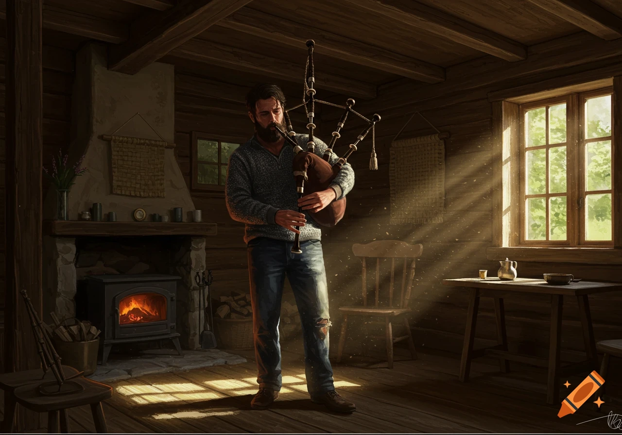 Bearded man in a grey sweater and jeans playing bagpipes in a rustic wooden cabin with sunlight streaming through a window.