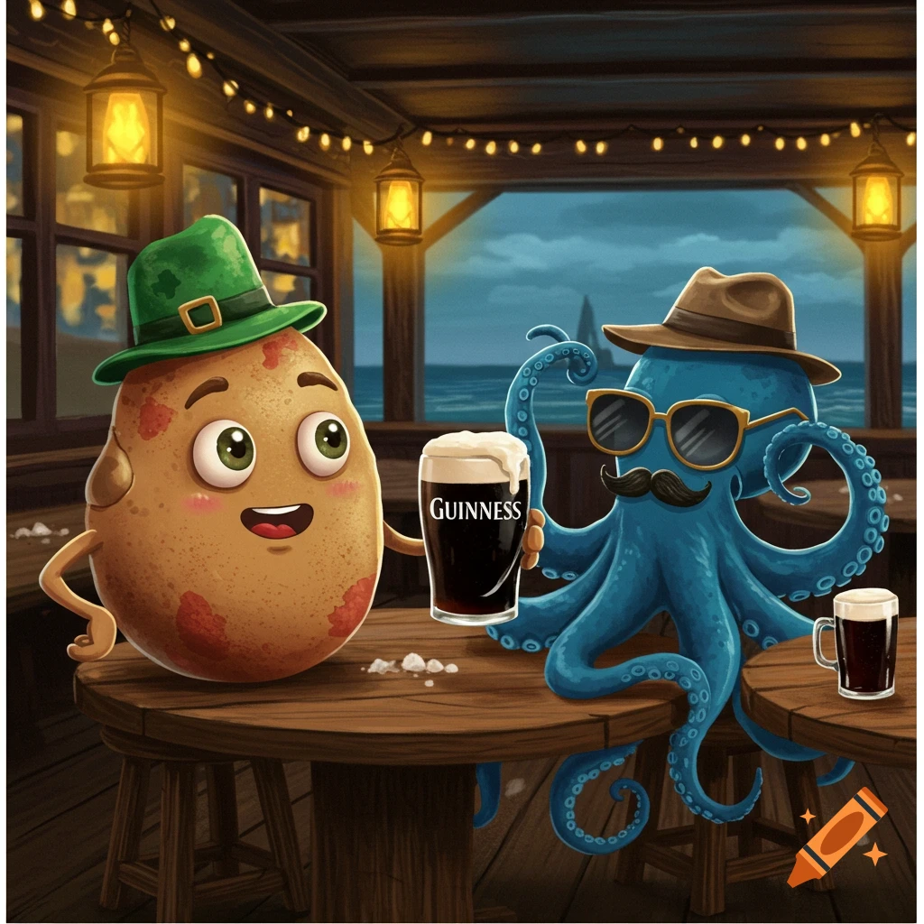 A cartoon Irish potato wearing a green hat holds a Guinness beer next to a blue octopus in a fedora and sunglasses at a bar.