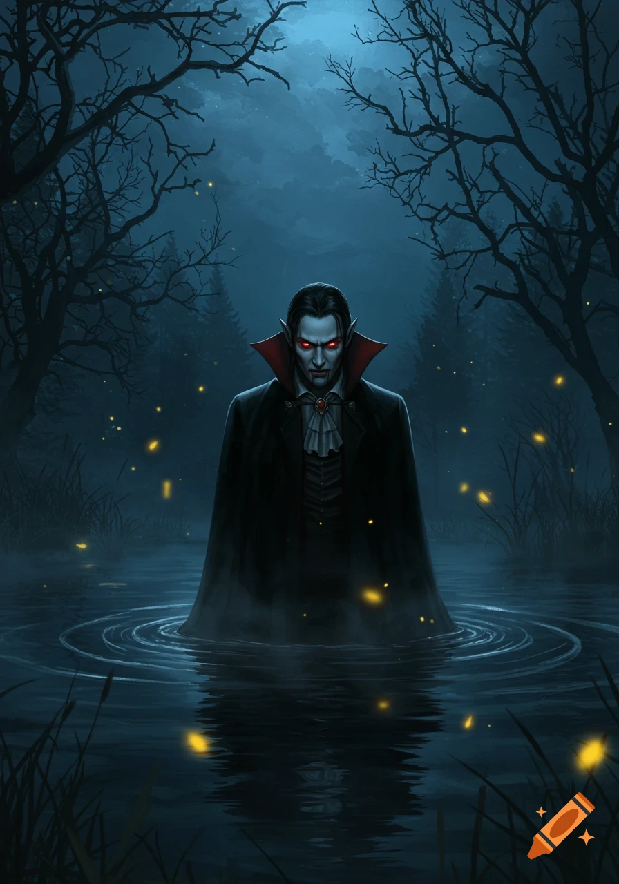 A scary vampire with glowing red eyes emerges from a dark, misty lake in a spooky forest at night.