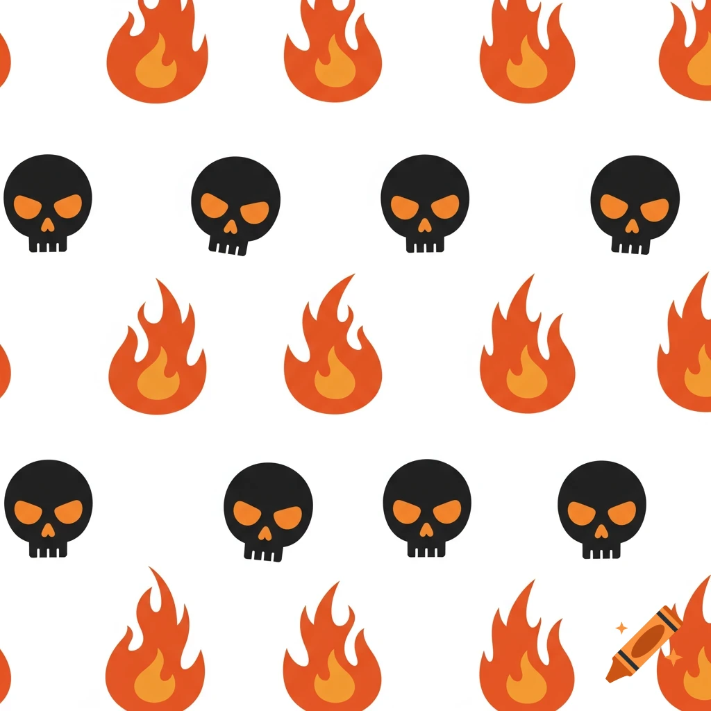A seamless pattern featuring simple black skulls with orange eyes and stylized orange and yellow flames on a white background.