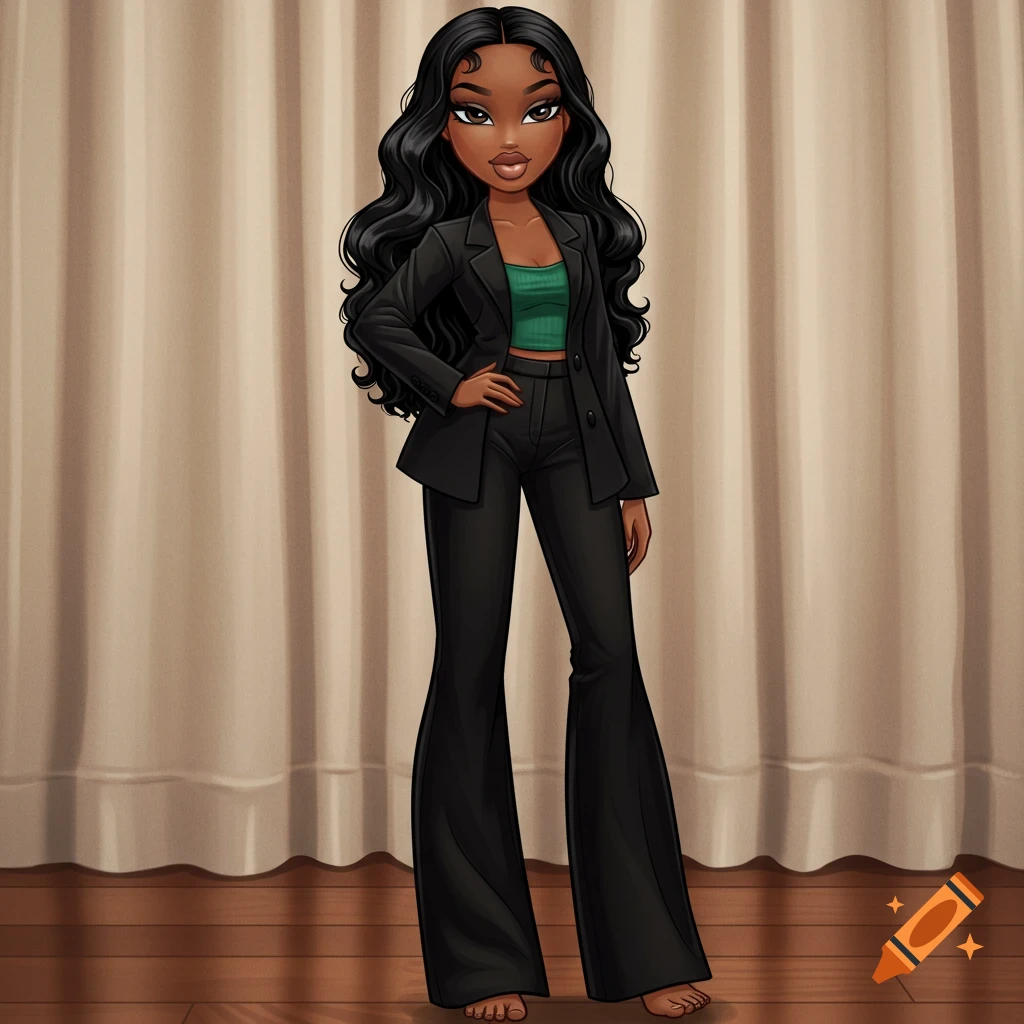 Bratz doll style cartoon of a glamorous Black woman in a black blazer and green top, standing barefoot.
