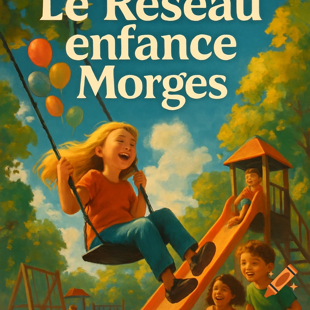 A stylized poster showing children playing on a bright playground with swings and a slide, with the title 'Le R es eau enfance Morges' at the top.