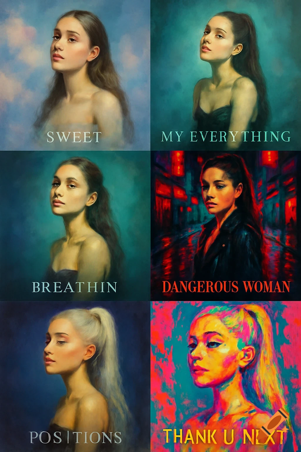 Six stylized, painterly portraits of a woman resembling Ariana Grande, each with an album-themed title.
