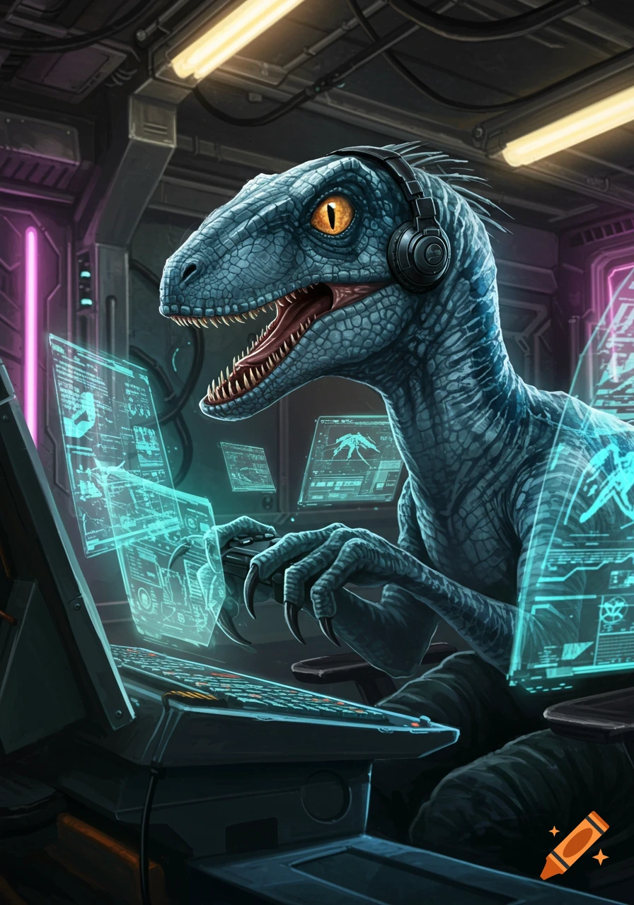 A blue raptor wearing headphones is intently typing on a futuristic keyboard with holographic screens in a dimly lit sci-fi room.