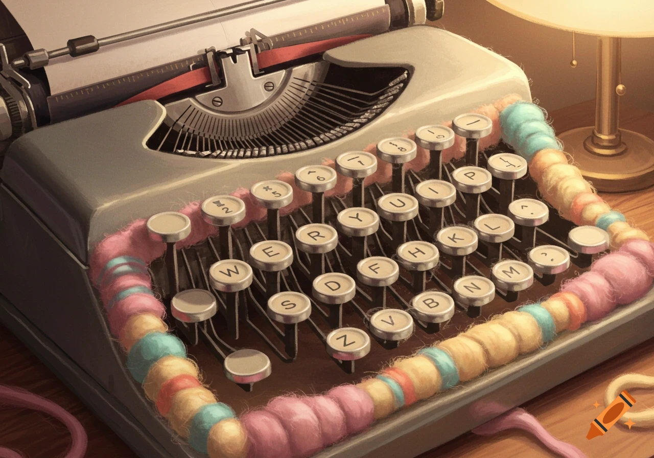 A close-up, high-angle shot of a vintage typewriter decorated with colorful, fluffy wool, bathed in warm light.