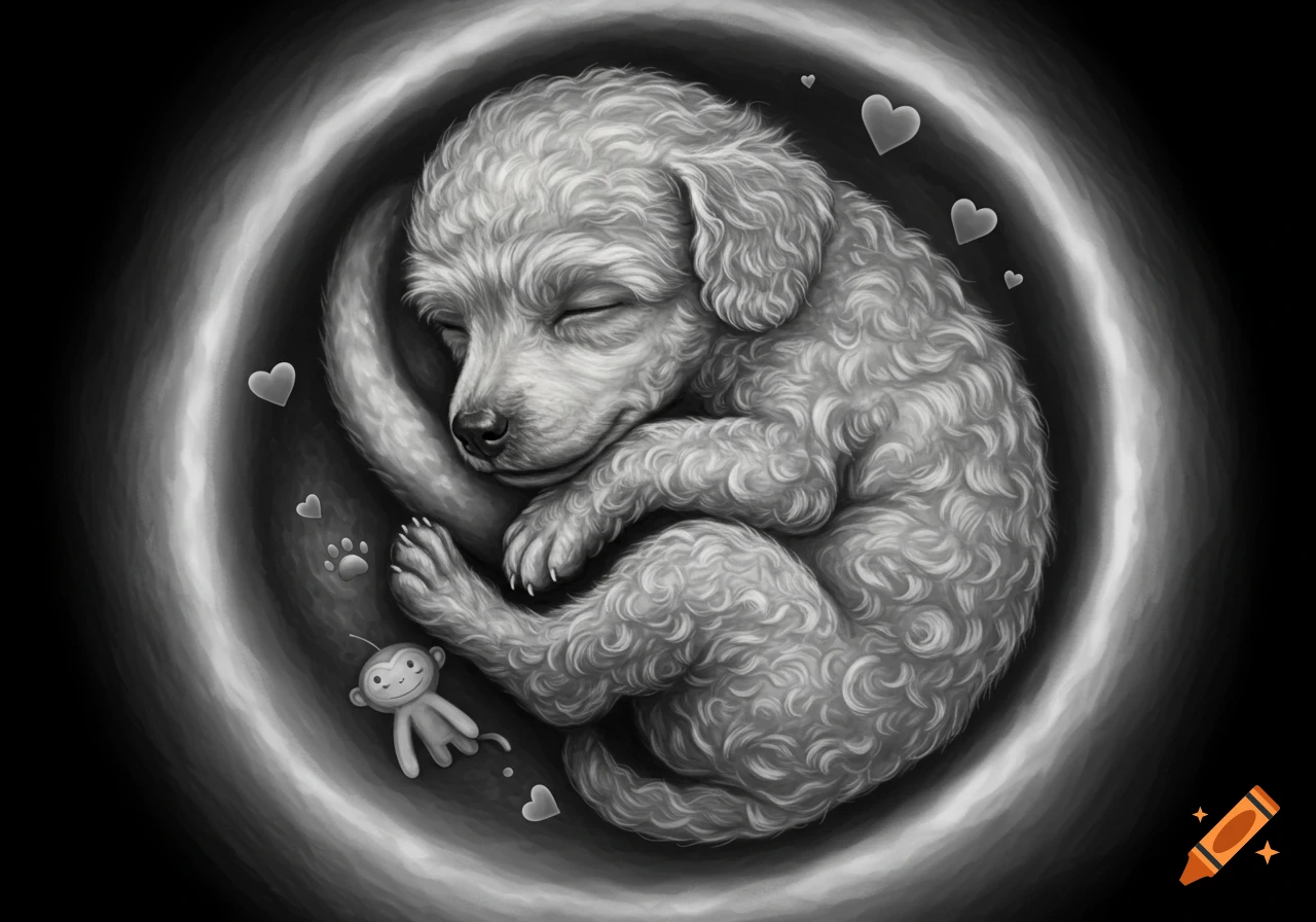 Grayscale illustration of a sleeping poodle puppy curled in a womb-like circle, surrounded by hearts, paw prints, and a monkey toy.