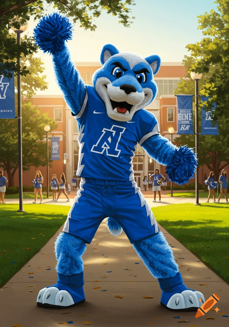 A blue furry mascot in a blue and white uniform with an 'A' and pom-pom stands on a sunny university campus path.