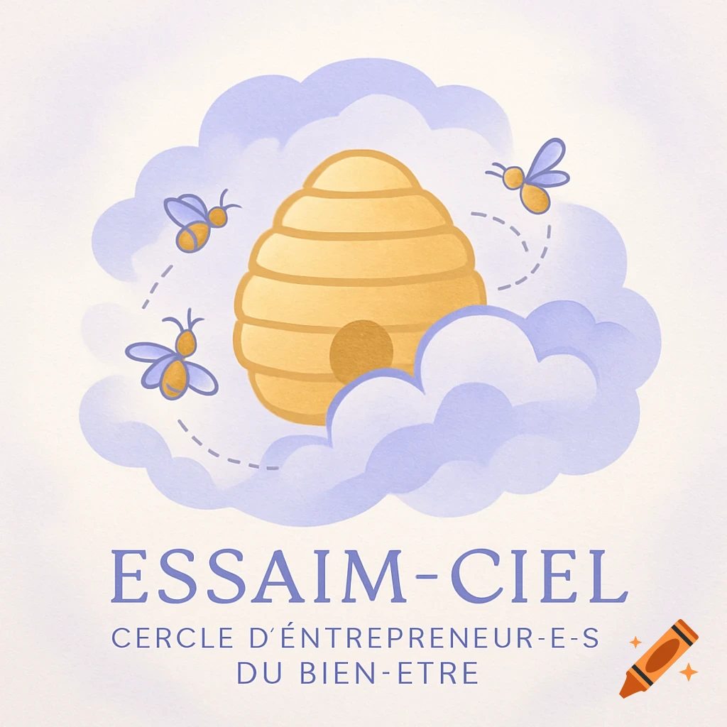A stylized logo with a beehive in purple clouds, three bees flying. Text: 'ESSAIM-CIEL CERCLE D'ENTREPRENEUR-E-S DU BIEN-ETRE'.