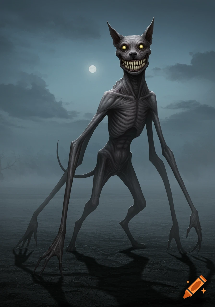 A gaunt, dog-like monster with glowing yellow eyes, a wide grin of human teeth, and long clawed hands stands in a foggy, moonlit landscape.