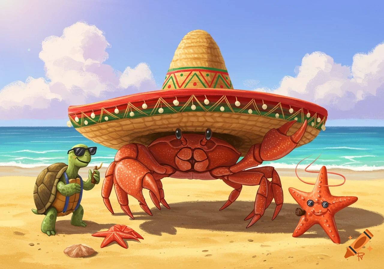 A cartoon red crab wearing a large sombrero stands on a sandy beach next to a turtle in sunglasses and a starfish smoking a cigar, with the ocean in the background.