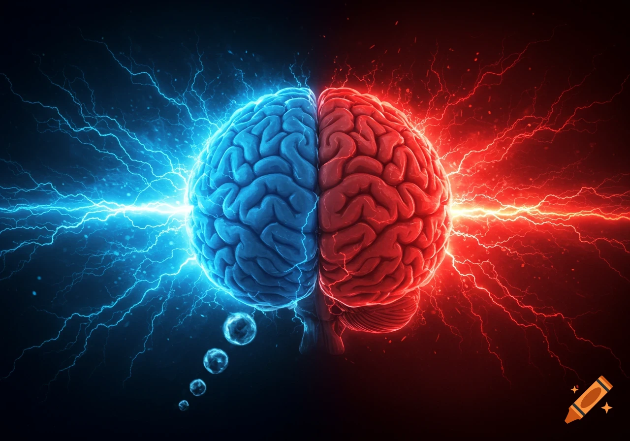 A blue left brain half and a red right brain half with lightning bolts radiating from each side against a dark background, with small thought bubbles rising from the blue side.