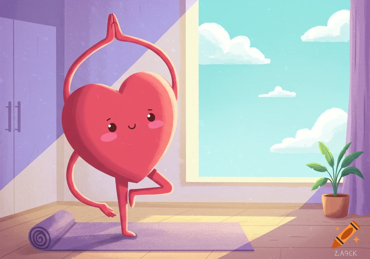 Cute red cartoon heart character in a yoga tree pose on a mat in a sunlit room, cartoon style.