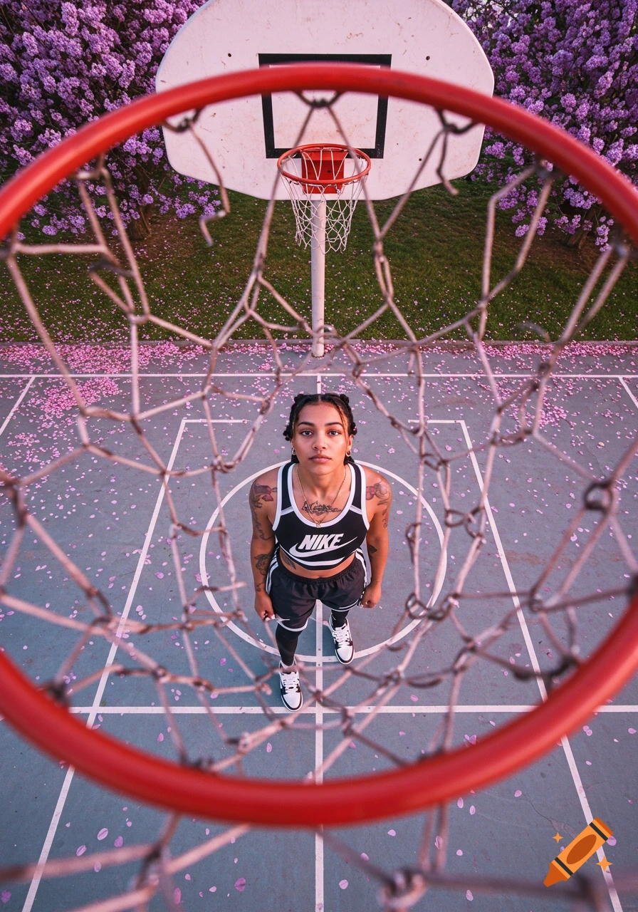 Photorealistic overhead shot of an athletic woman on a basketball court, looking up through a hoop, surrounded by purple trees and pink flowers.