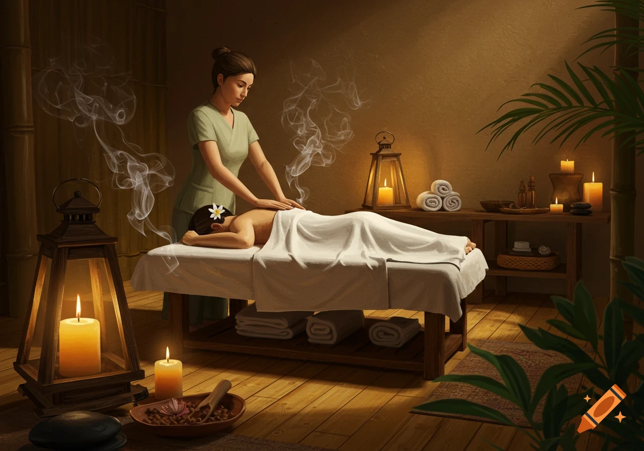 A masseuse performs a massage on a person lying on a table in a dimly lit, tranquil spa room with candles, steam, and plants.