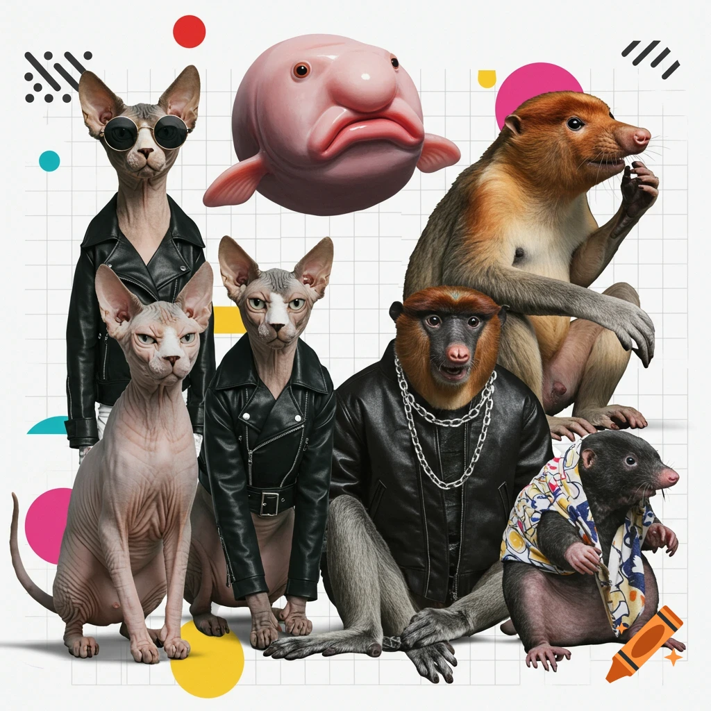 A surreal collage of a blobfish, sphynx cats, monkeys, and a mole-like creature dressed in streetwear, against a minimalist grid background.