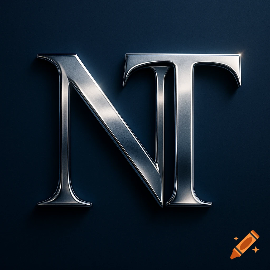 Sleek silver metallic capital letters N and T against a dark blue background.