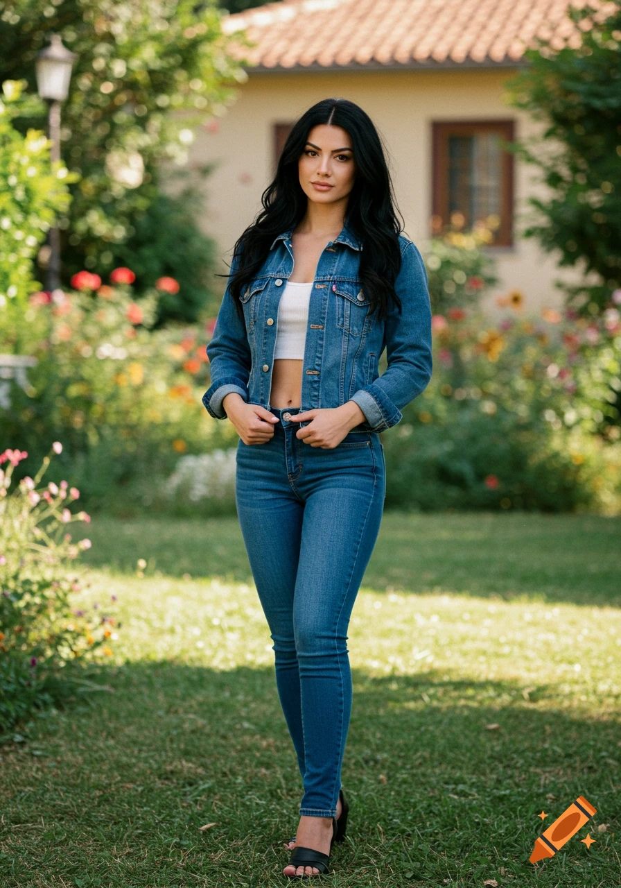 Photorealistic image of a woman in a denim jacket, white crop top, and jeans standing in a garden with a house in the background.