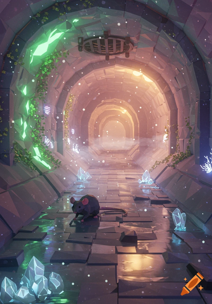 A low-poly fantasy scene of a rat in an enchanted sewer tunnel, illuminated by glowing green crystals and covered in vines.