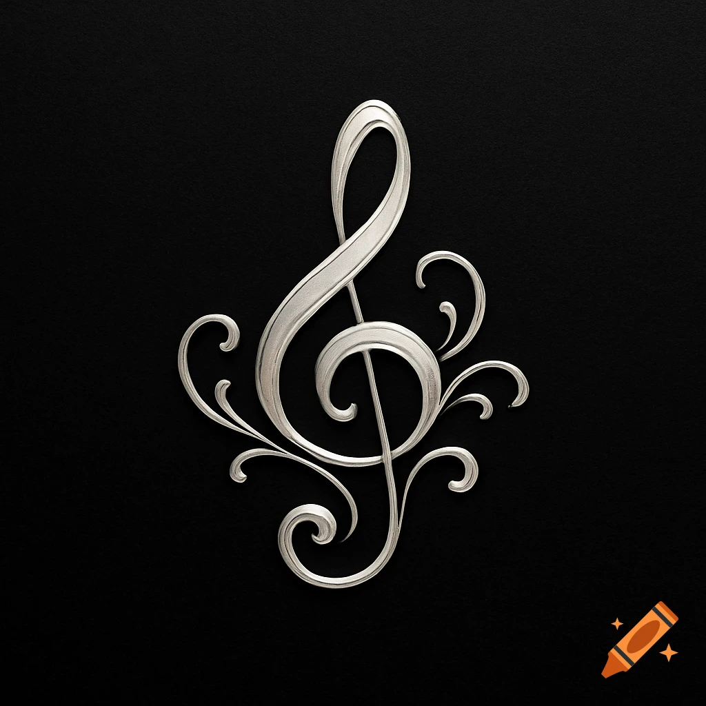 A shiny silver treble clef with ornate flourishes stands out against a stark black background.