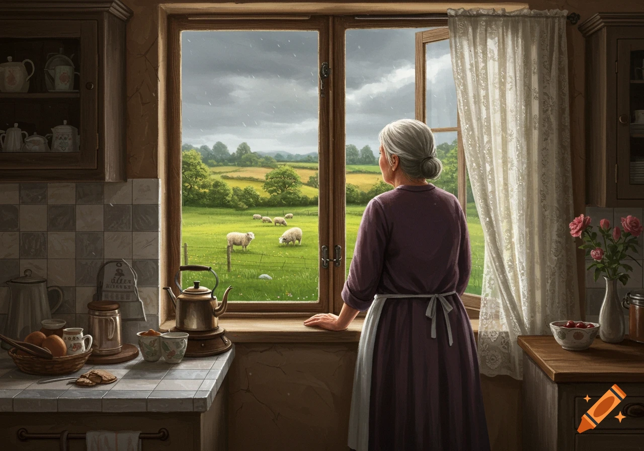 An old woman in a kitchen looks out a window at a rainy English countryside with sheep grazing in a green meadow.
